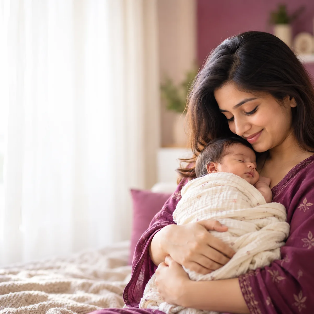 A mother holding her newborn baby